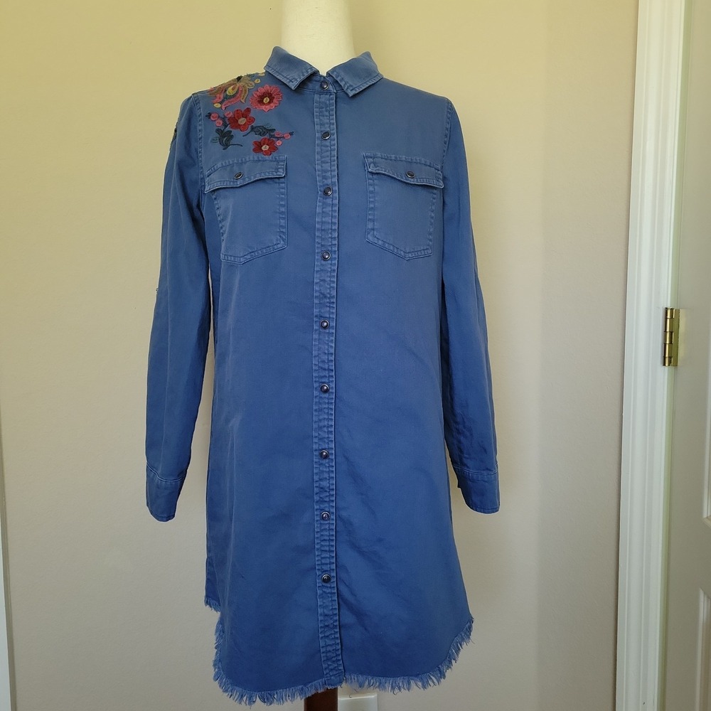 Billy T Denim Womens Denim Shirt Dress Sz S Floral Embroidered Fringe Pearl Snap